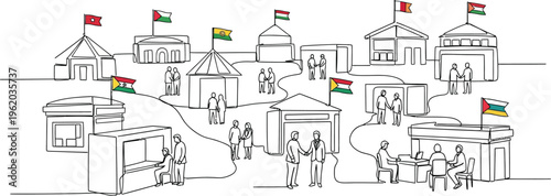 village scene with people and flags