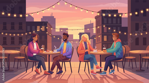 A diverse group of happy friends talk and drink coffee at a rooftop cafe during a warm city sunset. Perfect for illustrating community, leisure, and social gatherings.