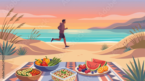 A man jogs on a sandy beach at sunset, with a healthy picnic in the foreground. Concept for wellness, balanced lifestyle, fitness, and nutrition.