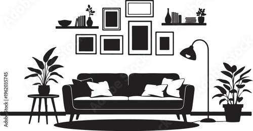 Modern living room, minimalist decor, black silhouette, interior design isolated on Transparent Background