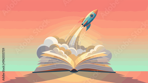 A rocket launches from an open book, symbolizing knowledge, imagination, and a startup's success. This illustration is perfect for education, innovation, or business concepts.