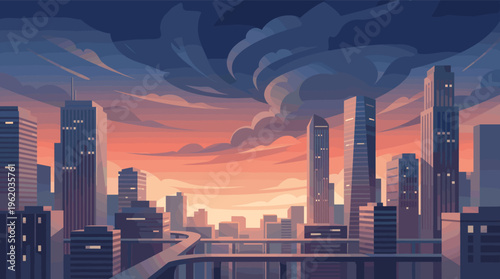 A dramatic illustration of a modern city skyline at sunset. This urban vector landscape with skyscrapers is perfect for backgrounds, posters, or business concepts.