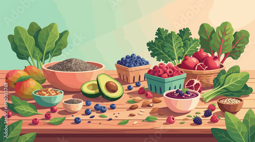 A vibrant illustration of healthy superfoods on a wooden table. Includes berries, avocado, and seeds. Perfect for wellness, nutrition, and clean eating concepts.