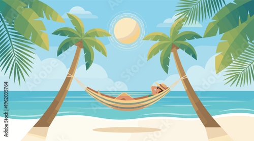 A woman relaxes in a hammock on a sunny tropical beach. This serene vector illustration evokes vacation, peace, and escape. Perfect for travel or wellness concepts.