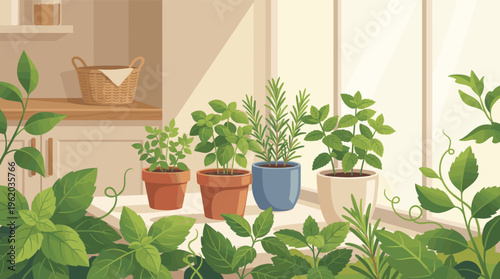 An illustration of fresh potted herbs like basil and rosemary growing on a sunny kitchen windowsill. A cozy, calm scene for gardening, healthy eating, or cooking blogs.