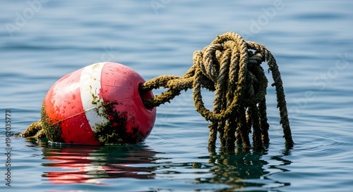 marine buoy with tangled rope in blue water for maritime safety visualization