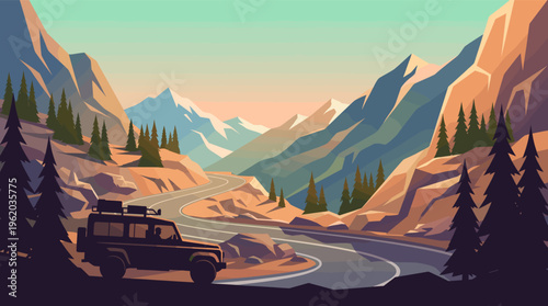An SUV travels on a winding road through a mountain pass at sunset. This minimalist vector illustration evokes a sense of adventure, wanderlust, and exploration.