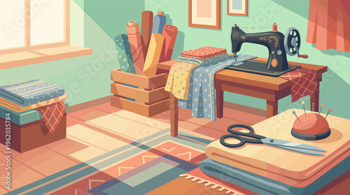 Cozy illustration of a vintage tailor's workshop. A sewing machine, colorful fabrics, and tools create a warm, creative atmosphere. Perfect for hobby and craft concepts.