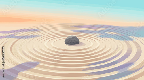 A serene Zen garden illustration with a single stone in raked sand circles. Symbol of calm, balance, and meditation. Perfect for wellness and mindfulness concepts.