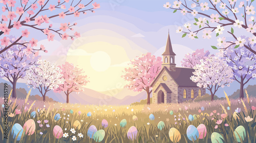 A beautiful Easter morning scene with a church, blossoming trees, and colorful eggs in a field. Perfect for holiday greetings, invitations, and spring-themed designs.