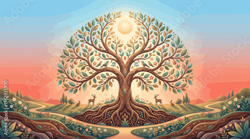 A symmetrical Tree of Life illustration with deep roots, birds, and deer. This fantasy landscape at sunrise evokes spirituality, harmony, and connection. Ideal for wellness themes.