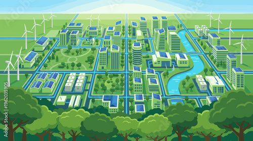 Illustration of a futuristic green city powered by renewable energy. Features solar panels, wind turbines, and green spaces. Ideal for sustainability or technology concepts.