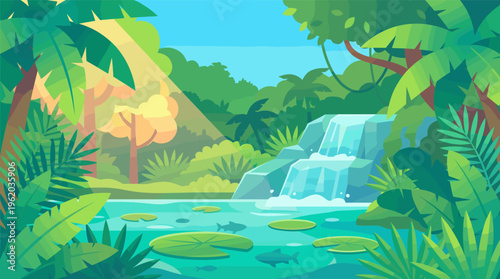 Vibrant illustration of a lush jungle paradise with a waterfall, clear river, and tropical plants. Perfect for travel, nature, or kids' backgrounds and educational materials.