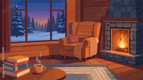 A cozy living room in a wooden cabin with a warm fireplace, comfy armchair, and view of a snowy winter forest at dusk. Ideal for seasonal, holiday, or relaxation concepts.