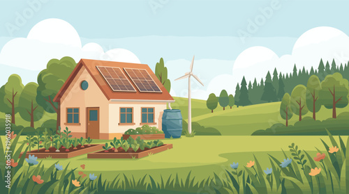 Vector illustration of an eco house with solar panels and a wind turbine. A concept for sustainable living, renewable energy, and green technology in a rural landscape.