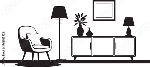 Modern living room, minimalist interior, black and white vector, furniture icons isolated on Transparent Background