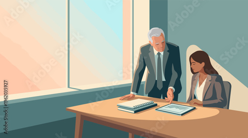 Senior male mentor advises a younger female colleague in a modern office. They are analyzing data on a tablet, illustrating teamwork, guidance, and corporate strategy.