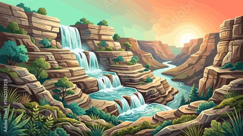 A beautiful vector illustration of a grand canyon at sunset. A cascading waterfall flows into a winding river. Perfect for travel, adventure, or nature-themed projects.