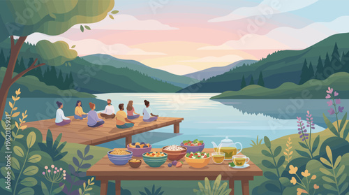 A diverse group meditates on a lake pier at sunrise. Healthy food is served nearby. A peaceful scene for wellness, yoga, and mindfulness retreat concepts. Vector illustration.