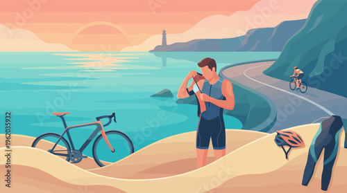 Vector illustration of a triathlete on a beach with his bicycle. A beautiful coastal landscape at sunrise, concept for sport, health, and an active lifestyle.