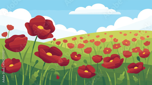 Vibrant vector illustration of a beautiful summer landscape. A green field of red poppy flowers blooms under a blue sky with clouds. Peaceful, natural, and idyllic scene.