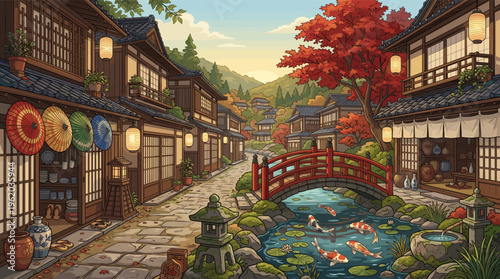 A serene, traditional Japanese village in autumn. Features a red bridge, koi pond, and classic architecture. Ideal for travel, culture, or as a peaceful background illustration.