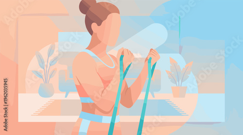 A woman in sportswear exercises with a resistance band at home. This modern flat illustration promotes a healthy lifestyle, fitness, and wellness. Ideal for web or mobile.