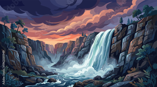 A dramatic illustration of a powerful waterfall in a rocky canyon at sunset. This moody, epic landscape is perfect for backgrounds, travel themes, and adventure concepts.