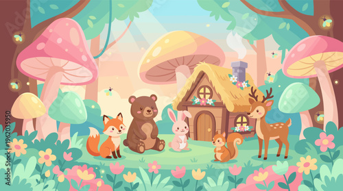 Cute forest animals gather in a magical fairytale woodland. A cheerful scene with a fox, bear, and deer perfect for kids books, nursery decor, or cheerful backgrounds.