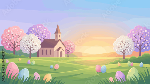 A serene Easter morning landscape with a church, blooming spring trees, and colorful eggs on a green field at sunrise. Ideal for holiday greetings, banners, and church events.