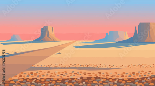 Vector illustration of a serene desert landscape at sunset. A road leads through sandy plains toward majestic buttes. Ideal for travel, adventure, or background concepts.