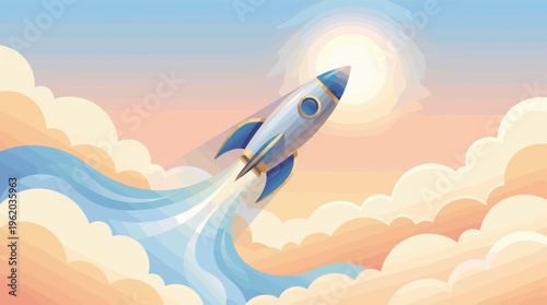 A stylized rocket launches into a pastel sky with clouds and sun. Vector illustration concept for business startup, growth, success, and new ventures.