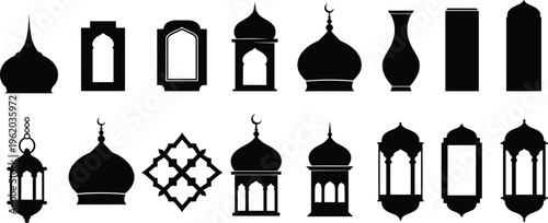 Set of Islamic architectural silhouettes including mosque domes lanterns windows and arches isolated on white background for Ramadan Kareem and Eid