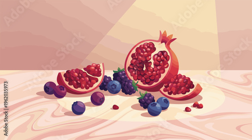 A vibrant vector illustration of a fresh pomegranate and mixed berries. This healthy still life is perfect for food blogs, nutrition websites, and wellness concepts.