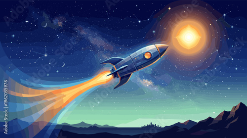 A retro rocket flies through a starry galaxy. A concept for space exploration, travel, and adventure. Perfect for science, technology, or startup-themed projects.