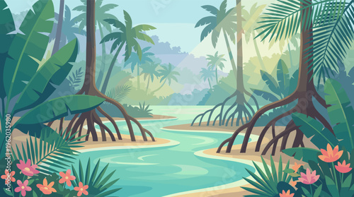 Lush tropical jungle with a serene river, mangrove trees, and palm forest. An exotic nature landscape background for travel, adventure, or environmental concepts.