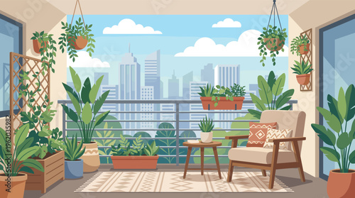 Cozy balcony garden oasis with potted plants and an armchair overlooking a modern city. Serene illustration for urban living, relaxation, and home decor concepts.