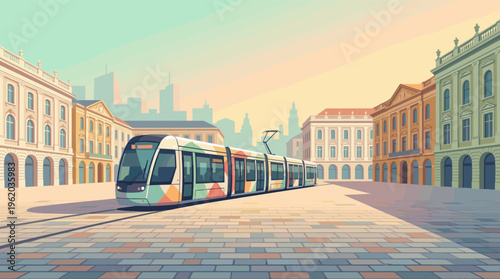 A modern tram in a historic city square at sunrise. Vector illustration of public transport and urban architecture. Ideal for travel, tourism, and city life concepts.