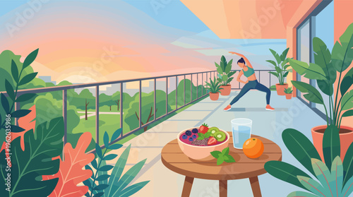 A woman practices yoga on a balcony with a city park view at sunrise. A healthy breakfast bowl is in the foreground. Concept of wellness, self-care, and a balanced lifestyle.