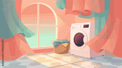 Cozy laundry room illustration with a washing machine and basket in warm sunset light. A peaceful domestic scene for home appliance ads or articles on household chores.