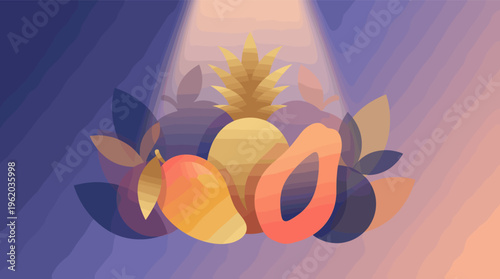 Modern vector illustration of tropical fruit still life with pineapple, mango, and papaya. Abstract design for healthy food, nutrition, and vibrant summer themes.