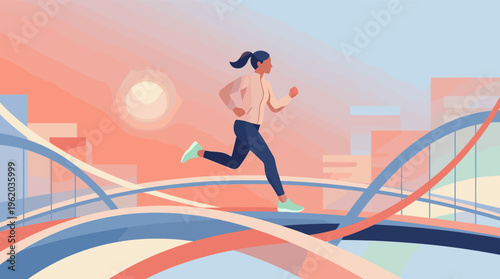 An illustration of a fit woman running on a bridge in a modern city at sunrise. This vector graphic evokes a healthy, active lifestyle, motivation, and urban wellness.