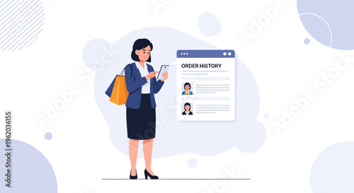 Woman checking order history on phone after shopping, online retail concept