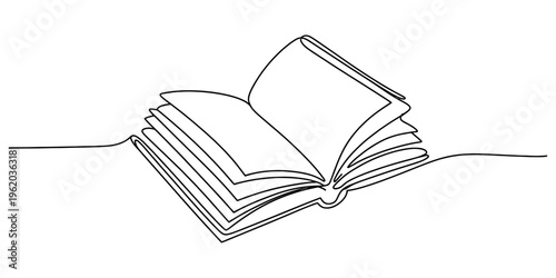 Single line drawing of an open book with blank pages on a white background for education design. Vector, illustration