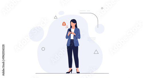 Woman receives notification on smartphone, alert icon above phone, business concept