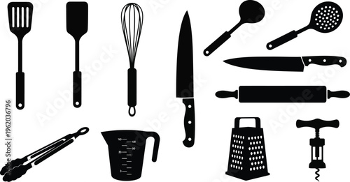 Kitchen utensils and tools black silhouettes