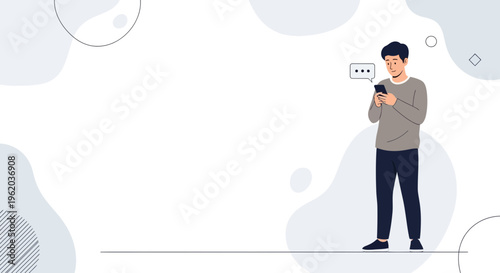 Man looking at phone with message bubble, abstract background, modern illustration