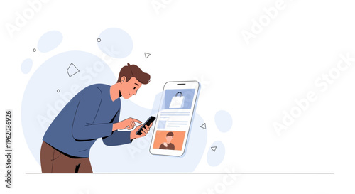 Man using smartphone for online shopping, digital commerce, e-commerce app interface