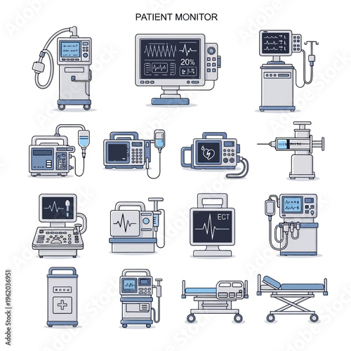 Collection of Medical Patient Monitor Devices and Hospital Equipment.