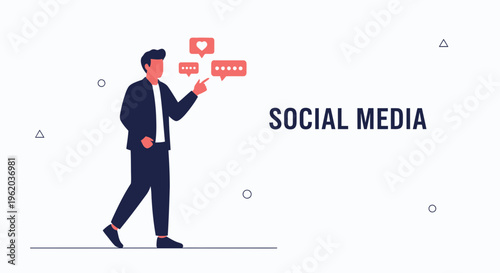 Man interacting with social media icons and text